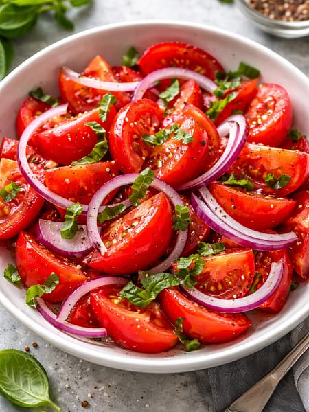 Tomato salad, vegan, red onion, aldonas kitchen